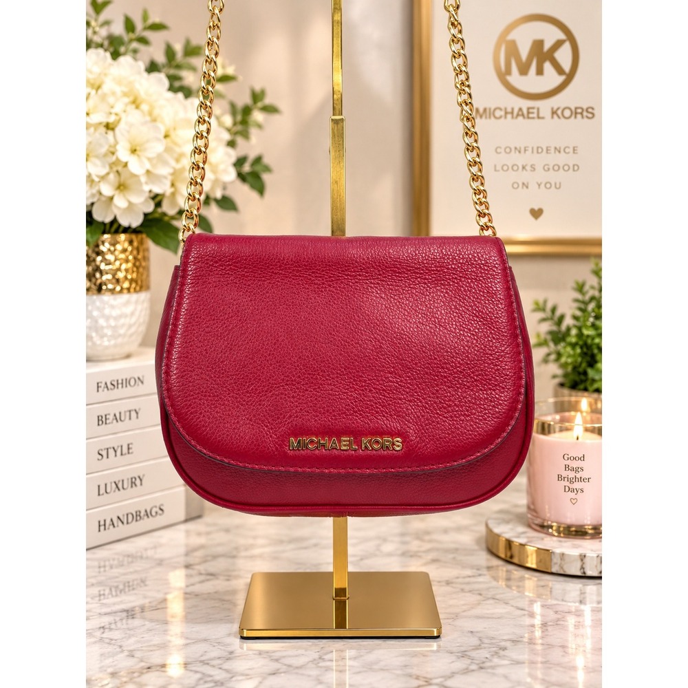 Michael Kors Red Pebbled Leather Crossbody Bag Gold Chain Strap Saddle Bag